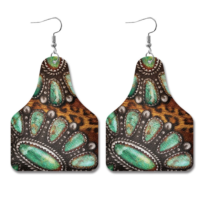 Wholesale Western Style Cow Pattern Sunflower Bull Head Leather Earrings